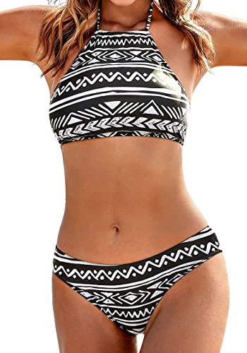 Ekouaer - Conjunto de bikini para mujer, dos piezas, cuello alto, traje de baño - - X-Small