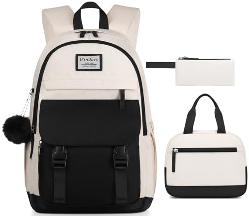 Image of WINDARS School Backpack with Lunch Box for Teen Girls, Cute College Backpacks for Women Students Aesthetic Bookbag Large 15.6 Inch Laptop Bag Middle School Travel Back Pack (Black Beige-3 Pcs)