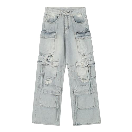 Men's Hip Hop Baggy Jeans Loose Fit Denim Pants Distressed Ripped Wide Leg Grunge Streetwear with Multi-Pockets