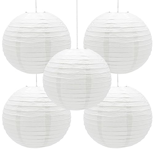 Hocansen 5 Stück Papierlaterne 12in Rund Papier Laterne Dekoration Ballform Papier Lampions für Party Hochzeit Garten Deko (DL/White)