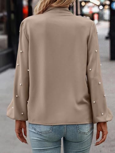 SweatyRocks Women's Pearls Bow Tie Mock Neck Long Sleeve Shirts Casual Loose Fit Blouse Top2