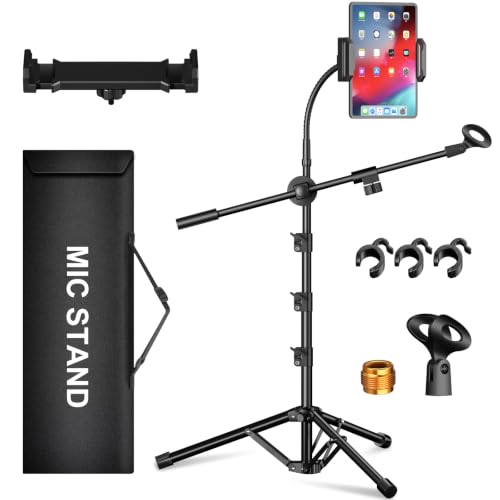 Support de micro, support de microphone 6 en 1 avec perche au sol, perche, col de cygne, clips de micro, support de tablette, téléphone, noir, métal,...