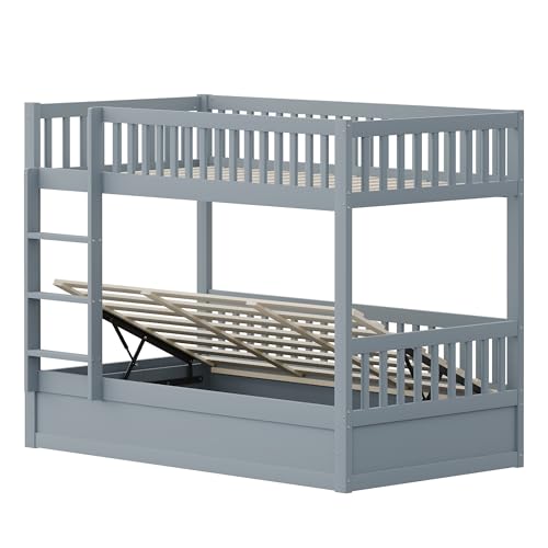 Ktipm Litera Infantil 90x200 cm con Almacenaje Hidráulico y Barandilla Anticaída, Literas Cama Infantil para 2 Personas con Escalera, Literas Infantiles Cama Alta con Lamas Madera, Sin Colchón, Gris - imagen 9