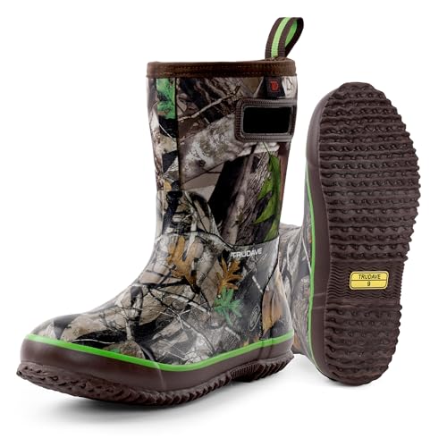 Image of Trudave Rubber Rain Boots for Men, Neoprene Waterproof Rain Boots, Mid Calf All-Season Mud Boots, Insulated Warm Outdoor Work Shoes for Hunting, Gardening, Farming, Yard Working