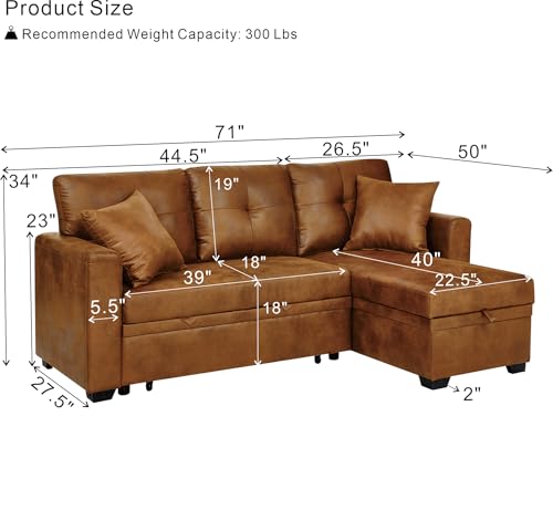 Image of KEIKI 71 inch L Shaped Sofa with Pull Out Sofa Bed, Sectional Sleeper Sofa with Reversible Chaise, 3 Seater Modular Sectional Sofa with Storage for Living Room, Light Brown