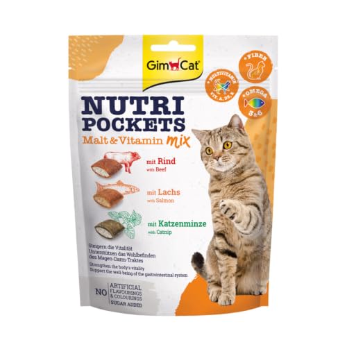 GimCat Nutri Pockets mezcla de malta y vitaminas - Snack crujiente para gatos, con relleno cremoso e ingredientes funcionales - 1 bolsa (1 x 150 g)
