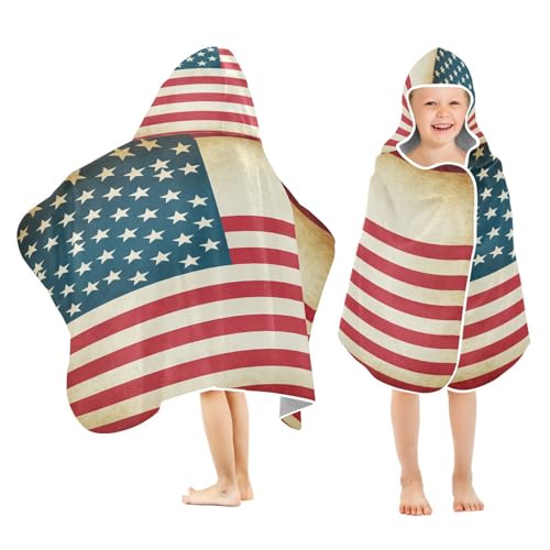 Kigai Vintage American Flag Kids Hooded Towel, 24x50 in Bath/Pool/Beach Soft Absorbent Hooded Towel Wrap for Toddler Kids