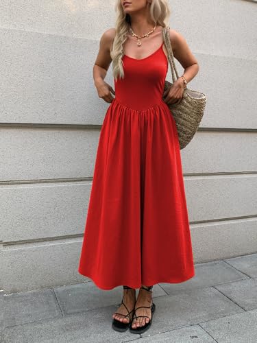 Image of Mieazom Women's Sleeveless V-Neck Maxi Dress with Pockets - Slim Fit Casual Summer Spaghetti Strap Dress for Vacation