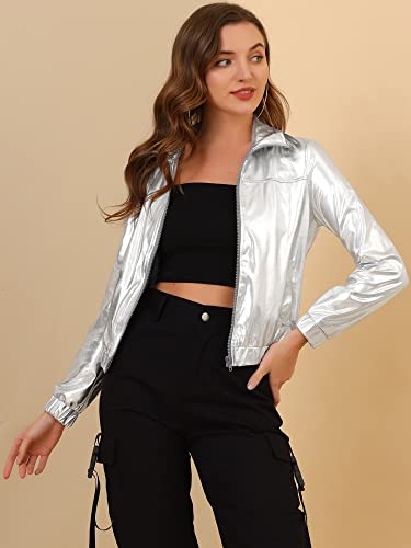 Allegra K Women's Holographic Shiny Party Christmas Long Sleeve Lightweight Zipper Metallic Jacket3