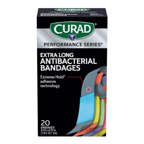 CURAD Performance Series Antibacterial Bandages Extreme Hold Adhesive Technology Extra Long Flexible Fabric Bandages for Cuts Scrapes & Burns Assorted Colors 0.75 x 4.75 inches 20 Count