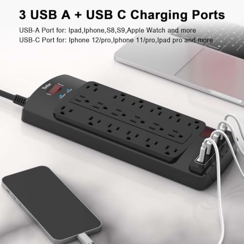 Image of Surge Protector Power Strip, Yintar 6 Feet Flat Plug Heavy Duty Extension Cord with 18 Widely Outlets and 4 USB Ports, 2100 Joules, ETL Listed, Black