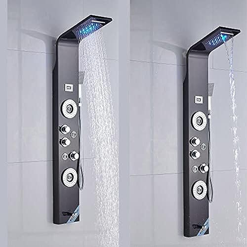 Panel de Ducha de Acero Inoxidable con Torre, Cabezal LED, Función de Lluvia y Cascada, 6 Funciones con Masaje y Jets Corporales miniatura 2