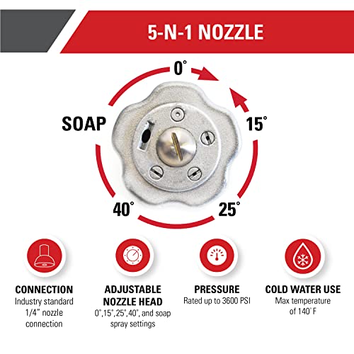 Image of Simpson 3600 PSI 5-in-1 Quick Connect Pressure Washer Nozzle, 80142 | No More Swapping Nozzles, 5 Spray Patterns (0, 15, 25, 40, Soap) In One Nozzle, Use With Gas & Electric Pressure Washers