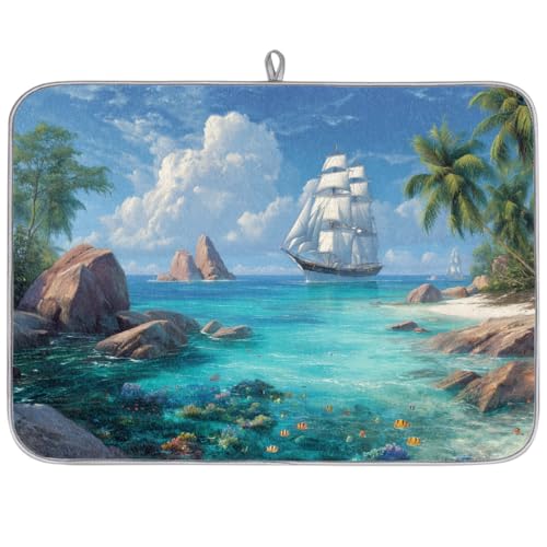 Axurera Ocean Landscape Sailblat - Tapete de secado de platos de palmera para encimera de cocina, tapete escurridor de platos absorbente, lavable, almohadilla de secado de platos para estantes de