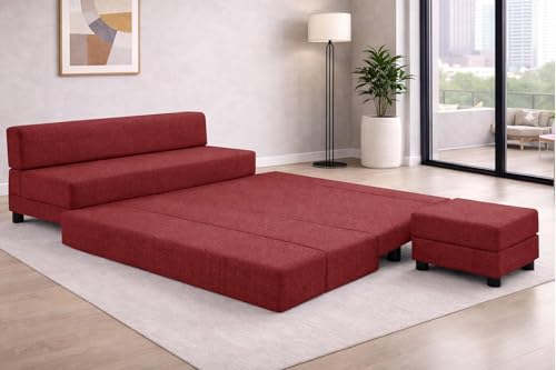 Image of Rosebell 3+2 Convertible Leg Sofa Cum Bed Set with Ottoman Jute Fabric Foldable Modular Seating & Sleeper Space Saving Living Room Furniture - Red Color