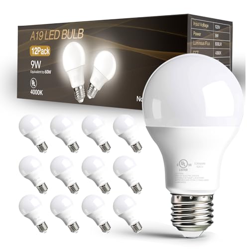 dalattin 12 Pack A19 LED Light Bulbs, 60 Watt Equivalent Neutral White 4000K, 800LM 9W Energy Saving Non-Dimmable, E26 Base 80+ CRI 120V UL Listed, for Home Indoor Lighting