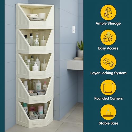 Image of HOMIFLY 5 Tier Corner Storage Cabinet /Stackable Plastic Cupboard for Storage /Foldable Wardrobe for Clothes /Toys Storage Organizer /Cabinet for Kitchen, Bathroom, Living Room (White)