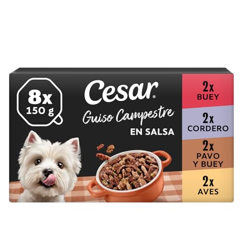 Cesar Country Stew, Bandeja para Perros Adultos de 150 g, Pack de 8 con trozos de Ternera, Cordero, Ave y Pavo con Ternera en Salsa (Pack de 3)