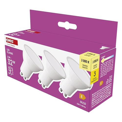 EMOS LED Lampe Spot 3er Pack, MR16 mit GU10 Sockel, 3W Ersatz für 32W Halogenlampe, Helligkeit 345 lm, Warmweiß 3000 K, 30000 h Lebensdauer, CRI min. 80, 100° Abstrahlwinkel, weiße Farbe