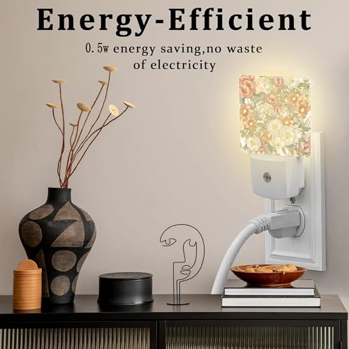 Image of Watercolor Flowers and Herbs Night Light Plug into Wall,Abstract Botanical Plants Leaves Floral Dusk to Dawn Night Light Plug in,0.5w Energy Saving NightLight for Kids Boys Girls Home Decor