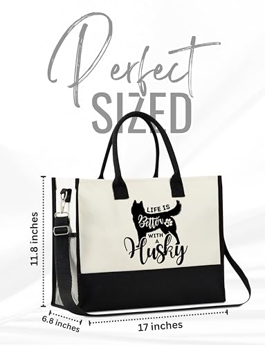 Bolso tote de lona InnoBeta Husky con cierre de cremallera superior y correa para hombro, ideal para cumpleaños, Navidad y ocasiones especiales miniatura 4