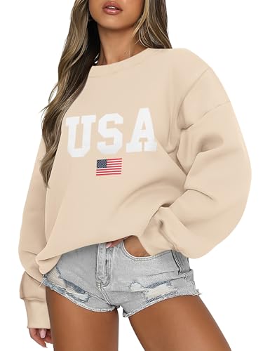 Micoson Women’s Oversized Fall Pullover Hoodies Trendy Letter Printed Sweatshirts Fall Winter Fleece Tops Cute Long Sleeve USA Clothes Fashion Apricot M