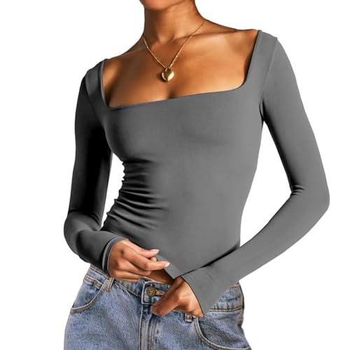 Camiseta sexy de manga larga con cuello cuadrado para mujer, ajuste delgado, para salir, camisetas ajustadas, ropa estética para niña limpia, Gris oscuro, Large