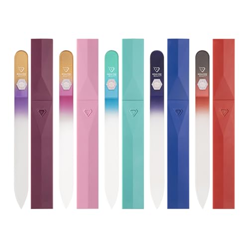 Bona Fide Beauty Czech Glass Nail File for Natural Nails Set, 5-Pack Etched Files with Hardcases (180/240 grit). Genuine Bohemian Glass from The EU.