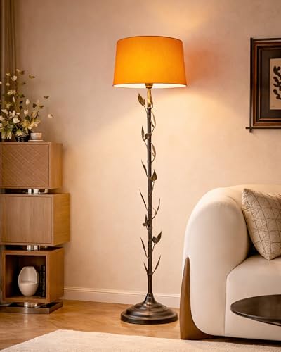 Image of Homesake Floor Lamp for Living Room with Shade | Contemporary Metal Night Corner Lamp for Living Room | Home | Side Lamp for Living Room | Bedside | Home Decor Items (Floral, Orange)