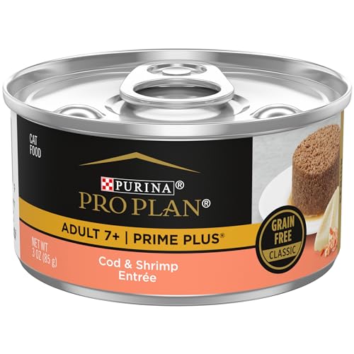 Purina Pro Plan Grain Free Senior Wet Cat Food Pate, SENIOR Prime Plus Cod & Shrimp Entree - (Pack of 24) 3 oz. Pull-Top Cans