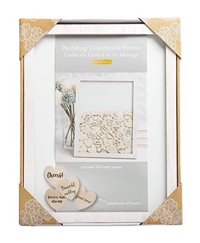 Image of Kate & Milo Wedding Guestbook Token Frame, Alternative Wedding Guest Book with 50 Wooden Heart Tokens, Bridal Shower and Reception Decor, Distressed White