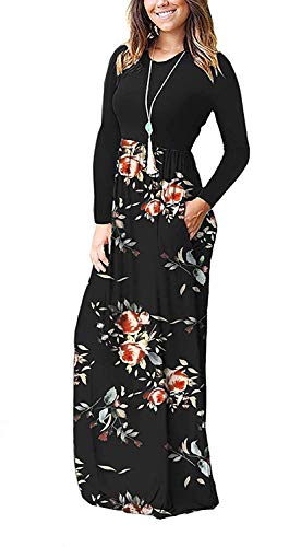 AUSELILY Women Long Sleeve Loose Plain Maxi Dresses Casual Long Dresses with Pockets (L, Rose Black)