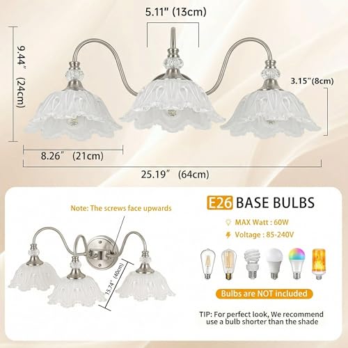 Image of Brushed Nickel 3-Light Bathroom Vanity Light with Floral White Glass Shades, Brushed Nickel Wall Mount Lighting for Bathroom, Dressing Table