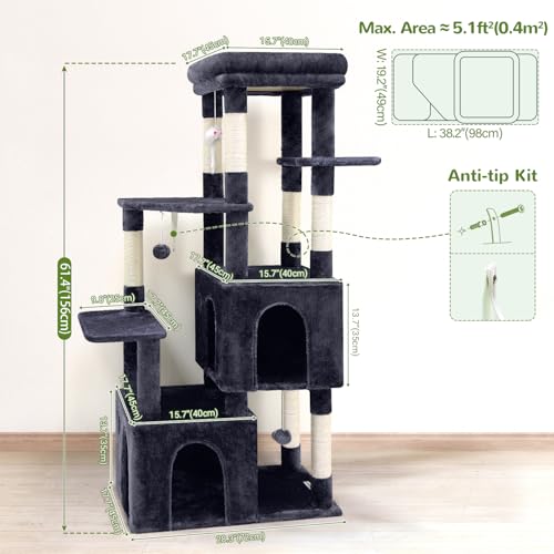 Image of Globlazer Cat Tower for Indoor Cats, Heavy Duty Cat Trees for Large Adult Big Cats Maine Coon Cat Tree Tower with Scratching Post, Extra Large Top Perch, Cat Condos, F61, Dark Grey, 61inch