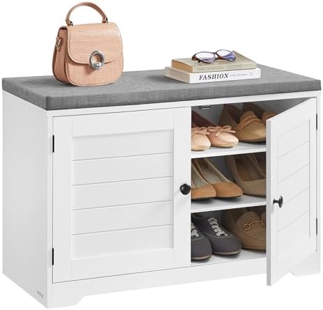 VASAGLE LSB034W01 3-Tier Shoe Bench with Doors and Cushion, Adjus...