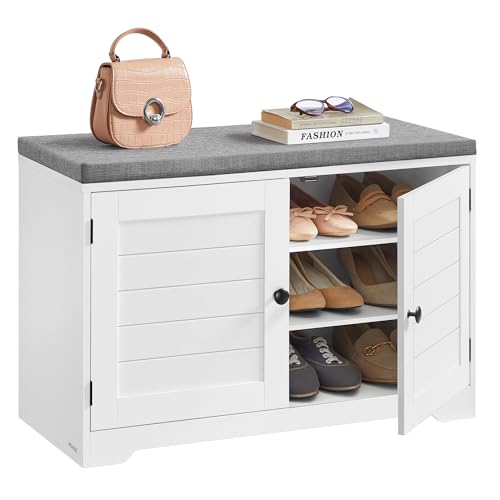 VASAGLE Banco Zapatero de 3 Niveles, con Puertas y Cojín, Estantes Ajustables, 35,5 x 81 x 52,5 cm, para Entrada, Dormitorio, Blanco Nube y Gris Paloma LSB034W01