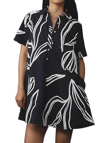 Image of Women's Short Sleeve Swing Tunic Mini Dress Button Up Blouse Shirt Summer Loose Casual Flowy A Line Short Dresses Black Flower