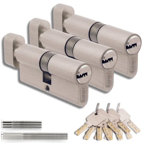 Set di 3 Cilindri con Pomello in Ottone 45/45mm con Chiave Unica, 15 Chiavi Incluse, 6 Viti, Serrature Universali per Porte e Garage, Lunghezza 90mm, Montaggio Facile