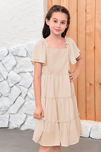 Kingdenergy Girls Summer Chiffon Casual Dress Square Neck Ruffle Short Sleeve Frilly Smocked Elastic Ruffle Hem Tulle Dresses Beige #TOP3