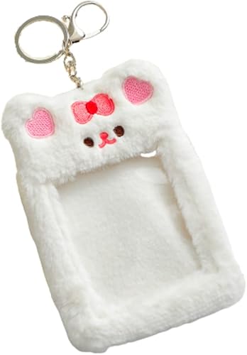 Soporte para insignia de felpa kawaii esponjoso, suministros escolares, soporte de identificación estético Y2K para mujeres (oso blanco)