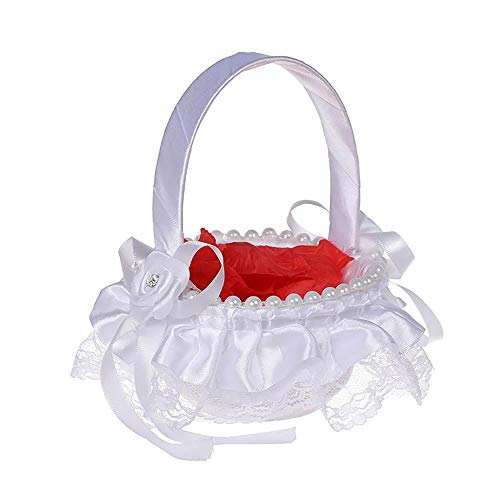 White Wedding Flower Girl Basket Elegant Lace Rhinestone Bride Flower Basket with Handle Candy Petal Storage Container Wedding Party Banquet Decorative Supplies Wedding Ceremony Romantic Decor (A) - Thumbnail 4