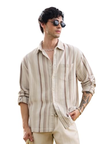 Image of The Souled Store Striped Shirt: Gold Dust Men and Boys Long Sleeve Spread Collar Cream Striped Cotton Relaxed Lightweight Easy to Style Everyday Office Wear Trendy Casual Shirt