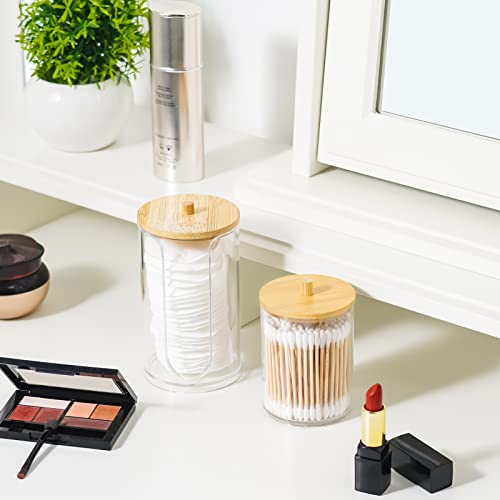 Vitviti 4 Pack Bamboo Bathroom Accessories Set, Clear Toothbrush Holder 17Oz Mouthwash Dispenser With Cup Holder, Floss/Cotton Swab/Ball Canister, Plastic #TOP3