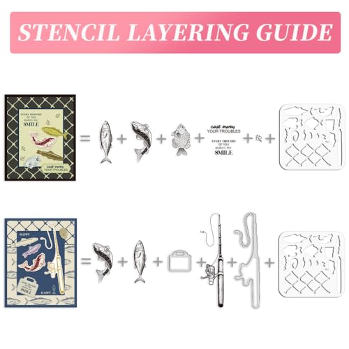 ORIGACH Fishing Theme Stamps Die and Stencils Sets for Card Making Fish Metal Cutting Die Stamp and PET Template Sets for DIY Scrapbooking Album Decorative - Image 3