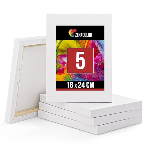 Zenacolor Lienzos para Pintar 18x24 - Set de 5 Lienzos Enmarcados - Tela Blanca 100% Algodón - Set Lienzo para Pintar para Pintura Acrilica, Oleo, Gouache y Acuarela