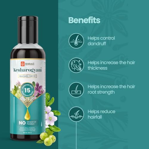 Image of Krishna's Kesharogyam Ayurvedic Hair Oil - 100 ml for Strong Hair with 15 Ayurvedic Herbs | Amla Jatamasi Right hair growth oil| Paraben Free