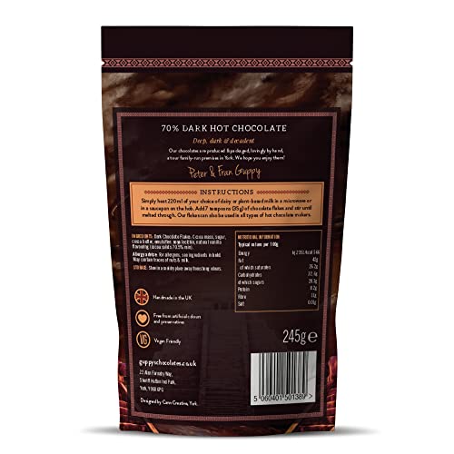 Guppy's Chocolates York | Hot Chocolate Flakes | Luxury 70% Dark Hot Chocolate | Real Grated Drinking Chocolate | (Dark Chocolate)