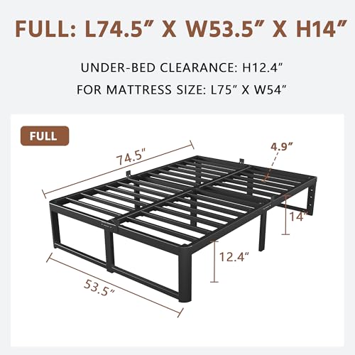 Image of ZTH Full Size Metal Platform Bed Frame 14 in, No Box Spring Needed, Black | Heavy duty support, Underbed storage, Noise-free design, Anti-slip clips, Rounded legs, Easy assembly, Headboard compatible
