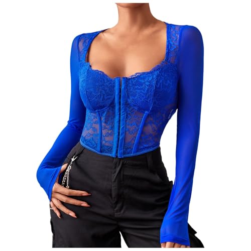 Haut court femme manches longues dentelle corset col carré coupe étroite