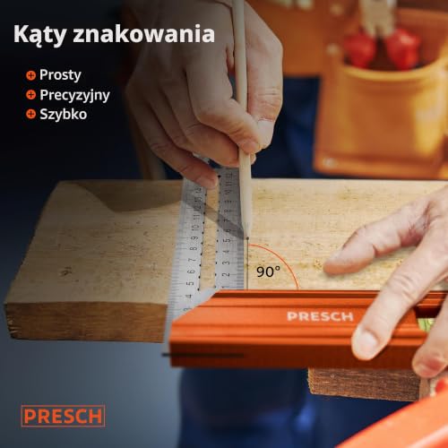 Presch Kątownik stolarskie 300mm | Średni | Zawiera nierdzewny znacznik (30 cm), poziomicę i kołek znacznikowy | 90° i 45° | Kwadrat precyzyjny, kwadrat stolarski, kwadrat inżynierski